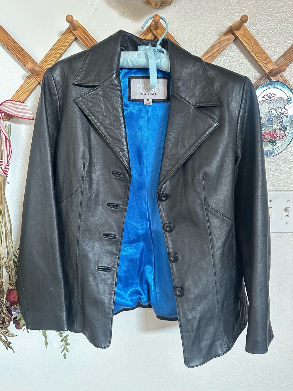 Maxima Black Leather Blazer with Blue Satin Lining